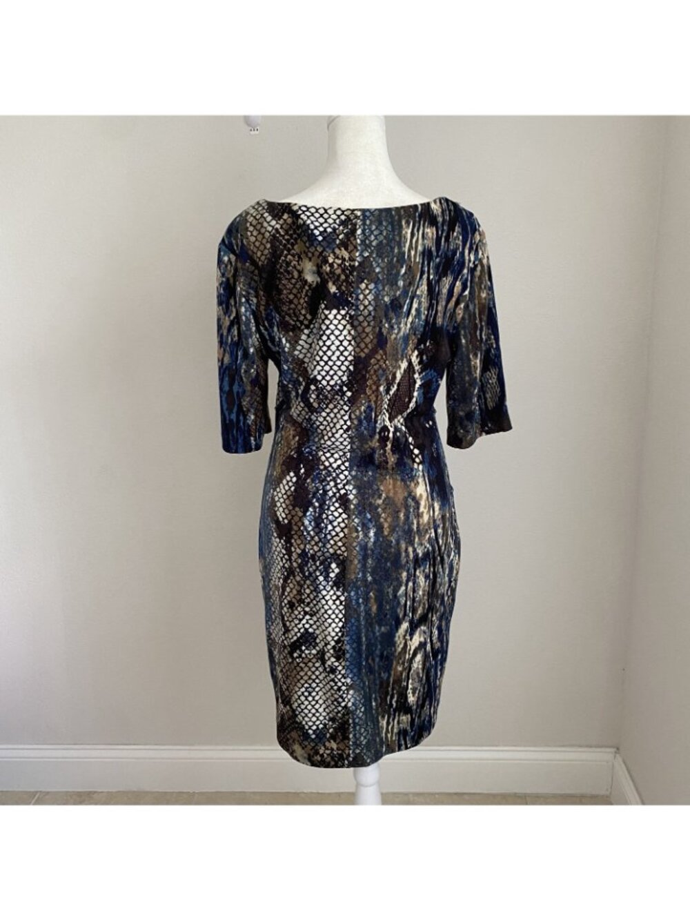 Connected Petite Womens 8P Blue Brown Snake Print Jersey Knit Sheath Dress - Picture 4 of 12